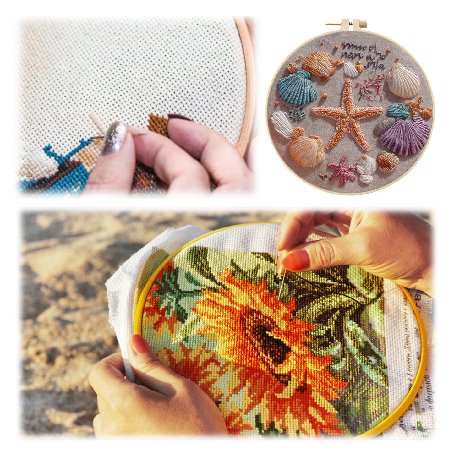Starfish Conch - DIY Embroidery Cross Stitch Kit with Pattern Cotton Threads Needles Hoop 30x30CM/11.81x11.81in