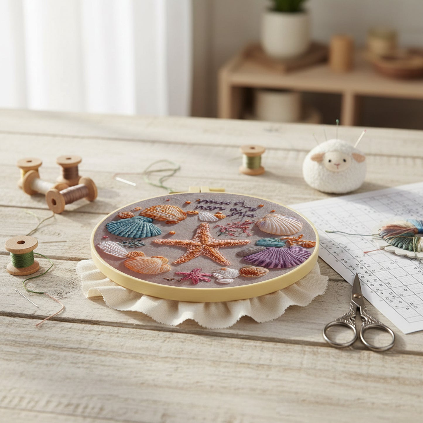Starfish Conch - DIY Embroidery Cross Stitch Kit with Pattern Cotton Threads Needles Hoop 30x30CM/11.81x11.81in