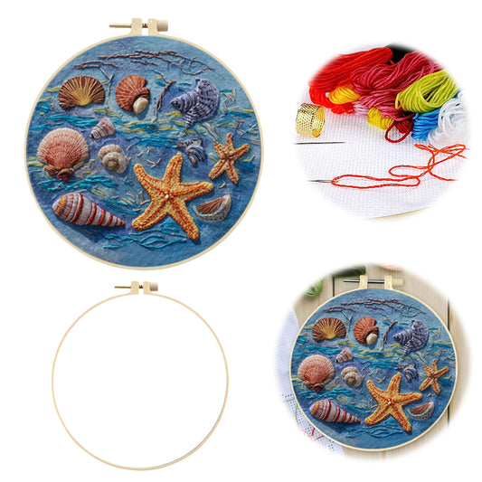 Blue Ocean - DIY Embroidery Cross Stitch Kit with Pattern Cotton Threads Needles Hoop 30x30CM/11.81x11.81in
