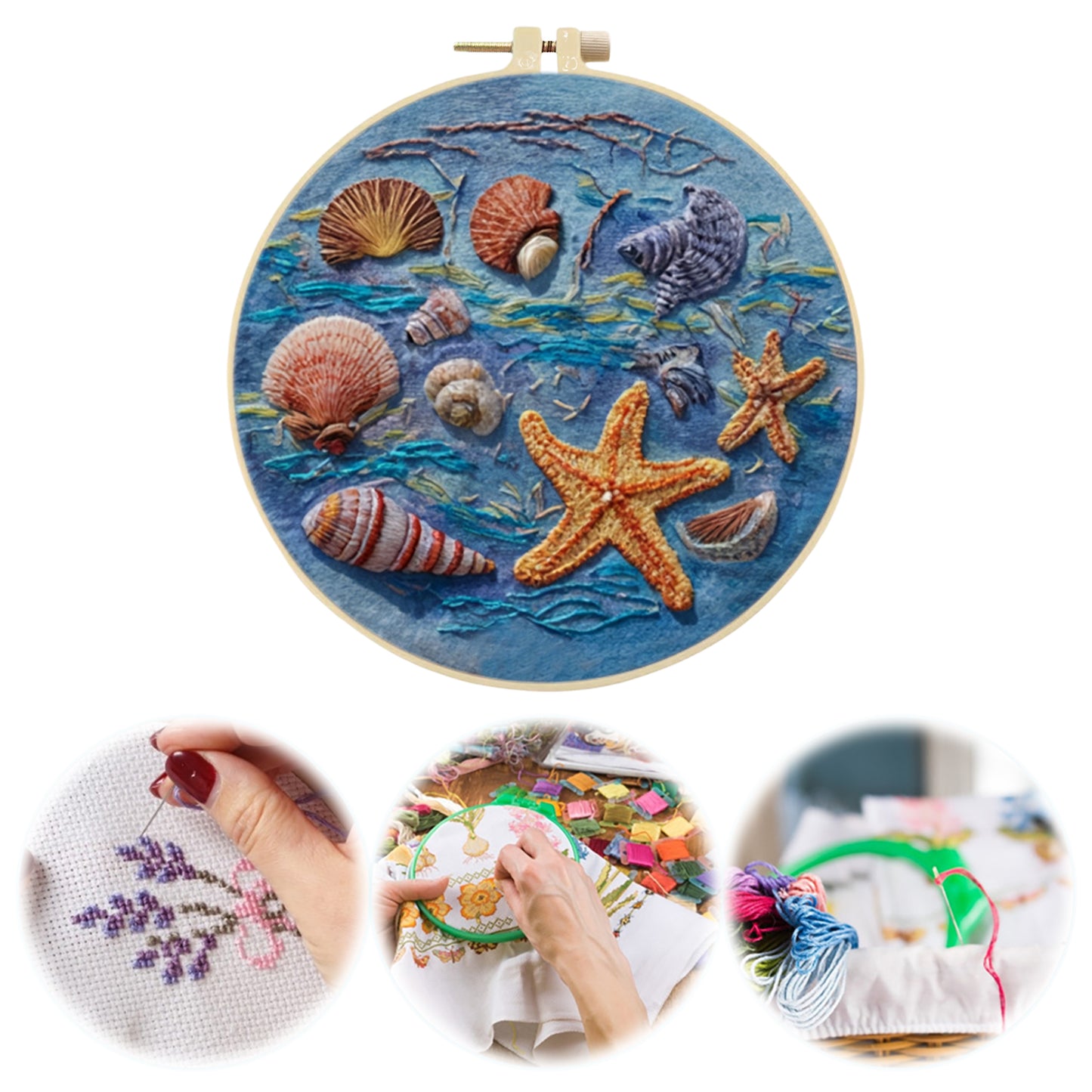 Blue Ocean - DIY Embroidery Cross Stitch Kit with Pattern Cotton Threads Needles Hoop 30x30CM/11.81x11.81in