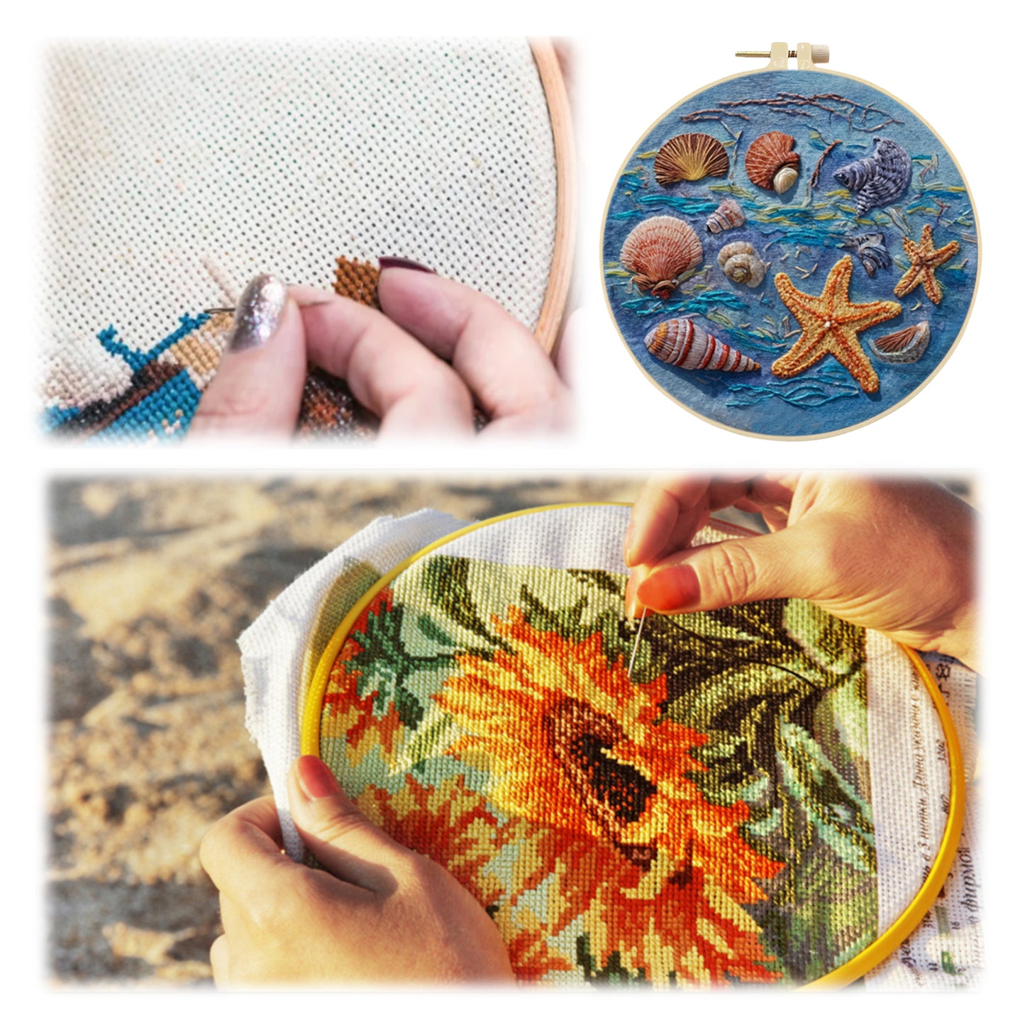 Blue Ocean - DIY Embroidery Cross Stitch Kit with Pattern Cotton Threads Needles Hoop 30x30CM/11.81x11.81in