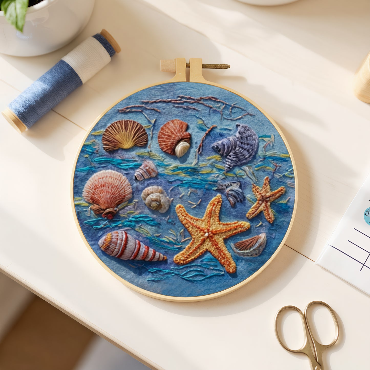 Blue Ocean - DIY Embroidery Cross Stitch Kit with Pattern Cotton Threads Needles Hoop 30x30CM/11.81x11.81in