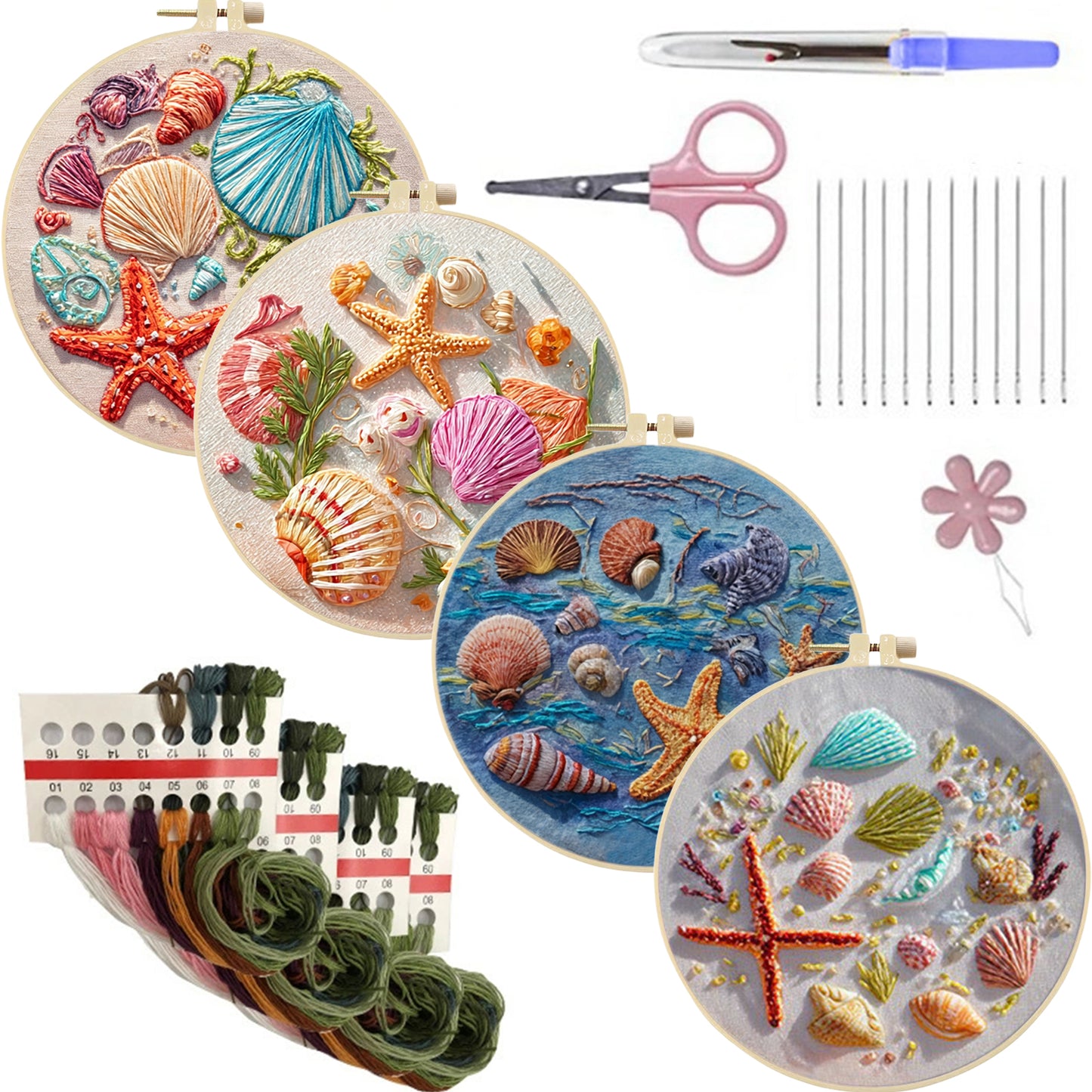 4PCS Beach Shells - DIY Embroidery Cross Stitch Kit with Pattern Cotton Threads Needles Hoop 30x30CM/11.81x11.81in