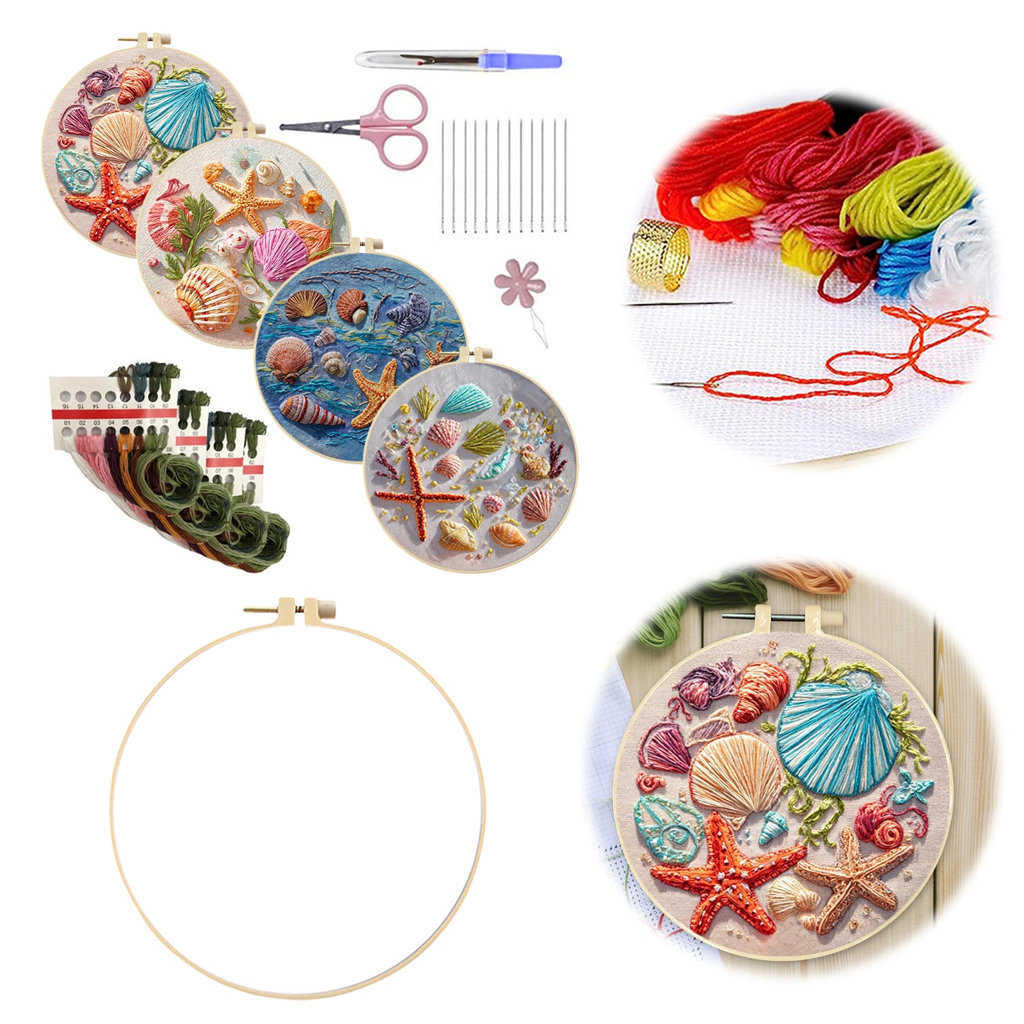 4PCS Beach Shells - DIY Embroidery Cross Stitch Kit with Pattern Cotton Threads Needles Hoop 30x30CM/11.81x11.81in