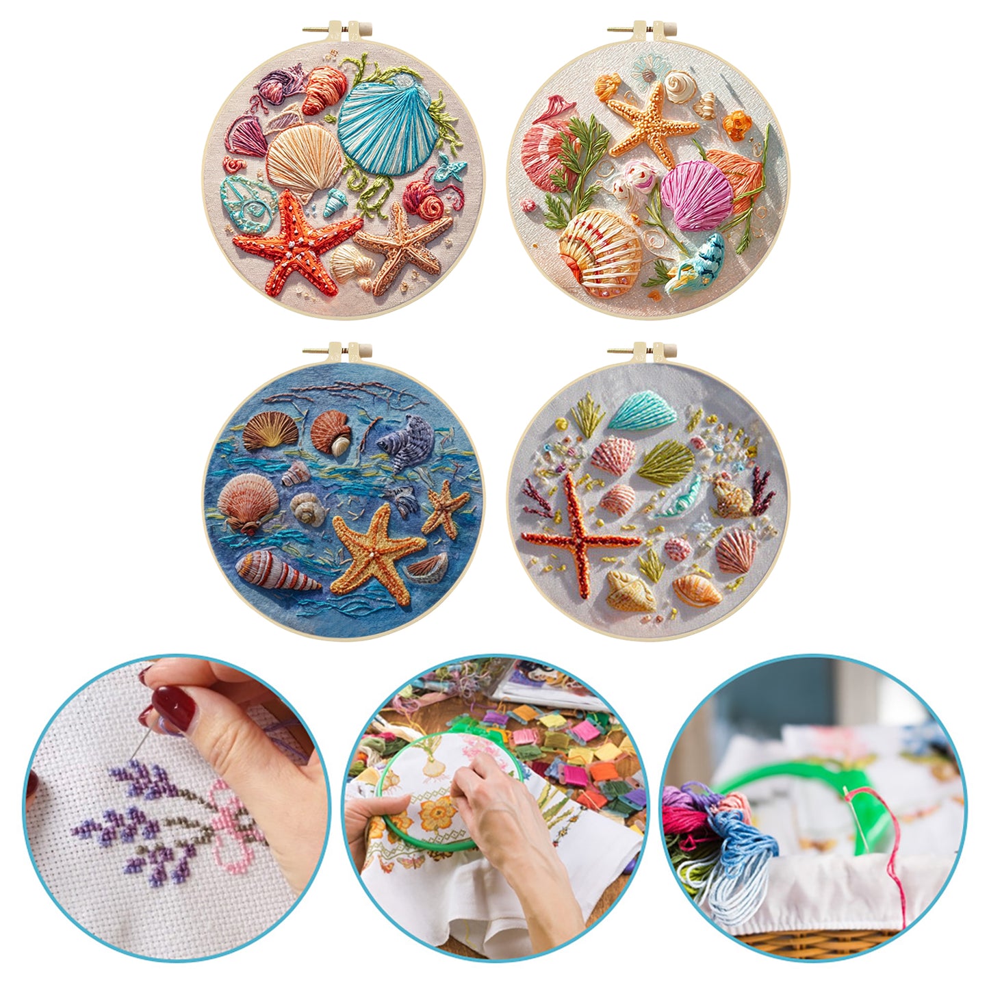 4PCS Beach Shells - DIY Embroidery Cross Stitch Kit with Pattern Cotton Threads Needles Hoop 30x30CM/11.81x11.81in