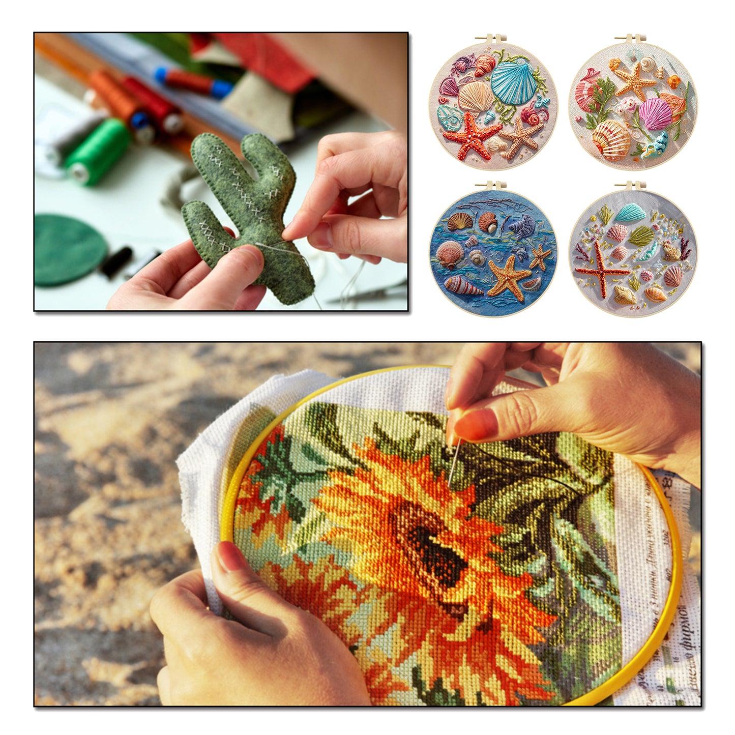4PCS Beach Shells - DIY Embroidery Cross Stitch Kit with Pattern Cotton Threads Needles Hoop 30x30CM/11.81x11.81in