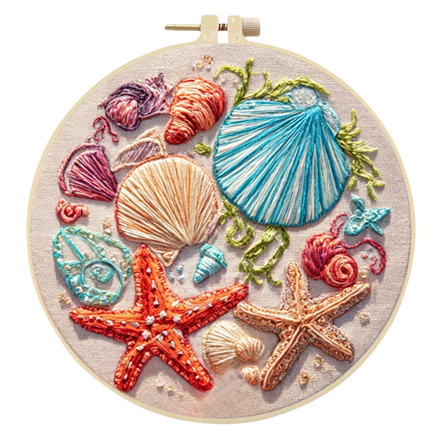 4PCS Beach Shells - DIY Embroidery Cross Stitch Kit with Pattern Cotton Threads Needles Hoop 30x30CM/11.81x11.81in