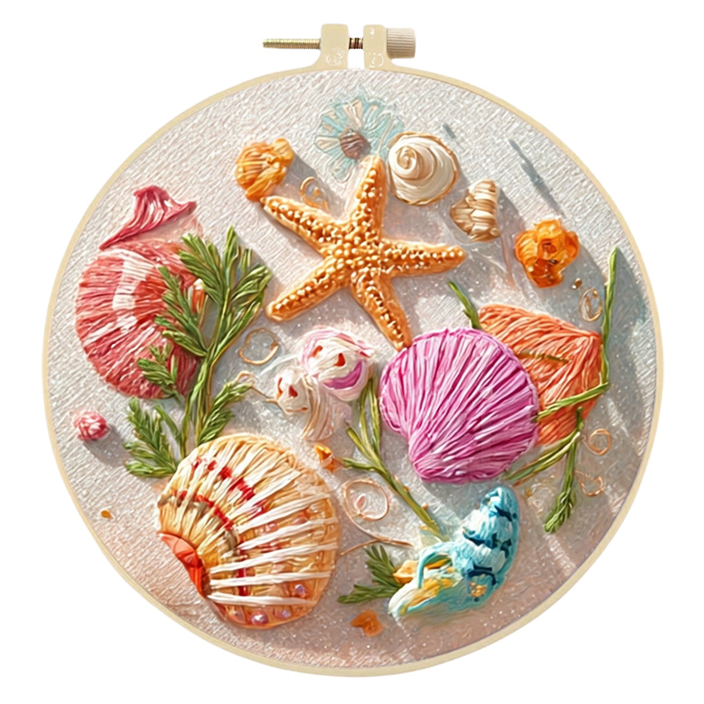 4PCS Beach Shells - DIY Embroidery Cross Stitch Kit with Pattern Cotton Threads Needles Hoop 30x30CM/11.81x11.81in