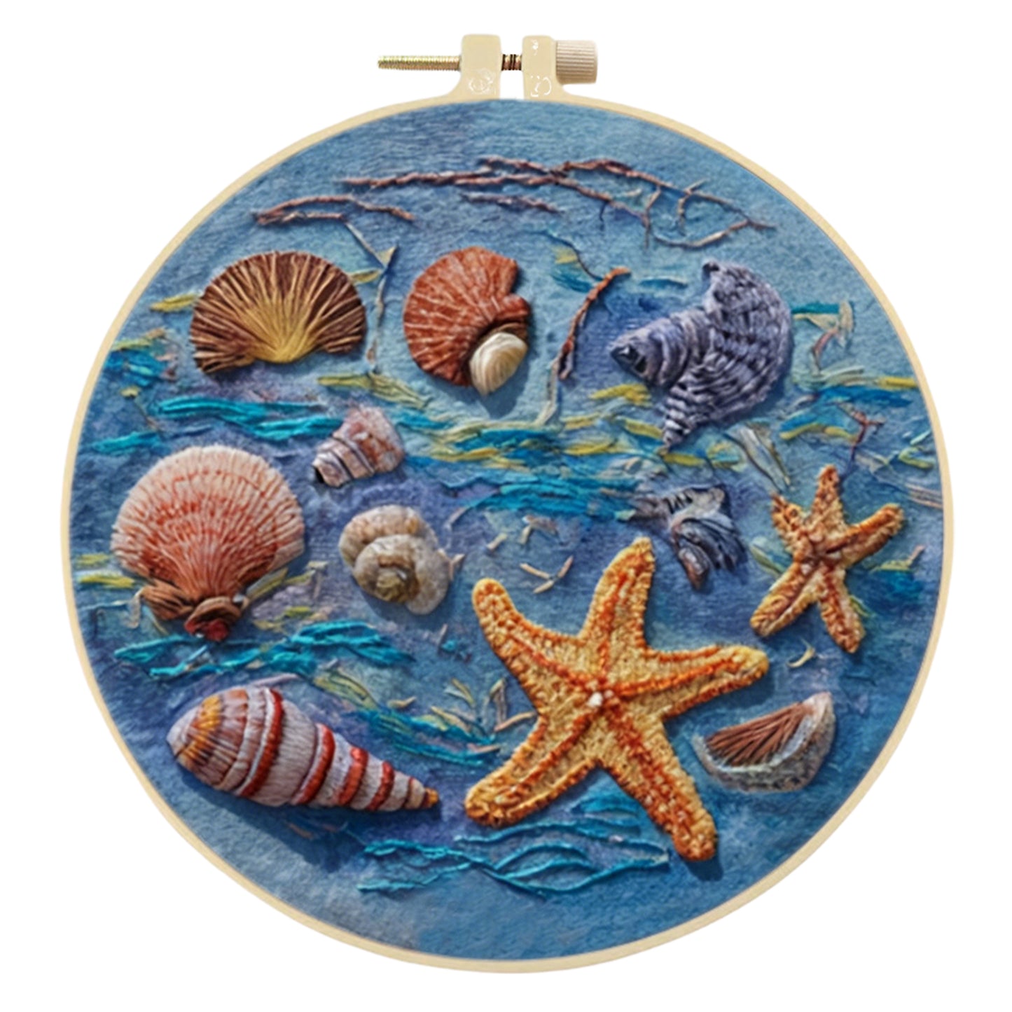 4PCS Beach Shells - DIY Embroidery Cross Stitch Kit with Pattern Cotton Threads Needles Hoop 30x30CM/11.81x11.81in
