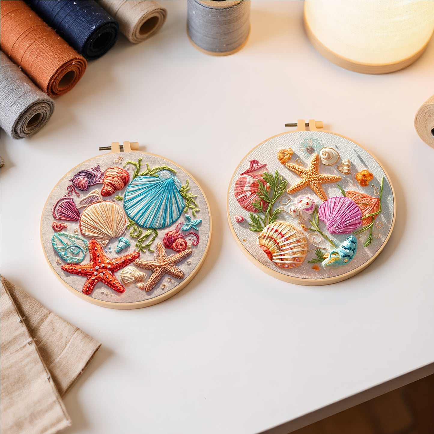 4PCS Beach Shells - DIY Embroidery Cross Stitch Kit with Pattern Cotton Threads Needles Hoop 30x30CM/11.81x11.81in