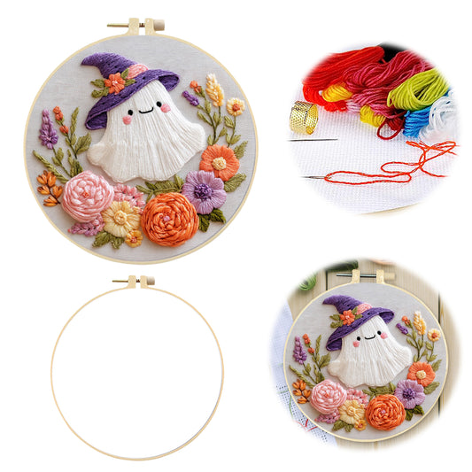 Halloween - DIY Embroidery Cross Stitch Kit with Pattern Cotton Threads Needles Hoop 24x24CM/9.45x9.45in