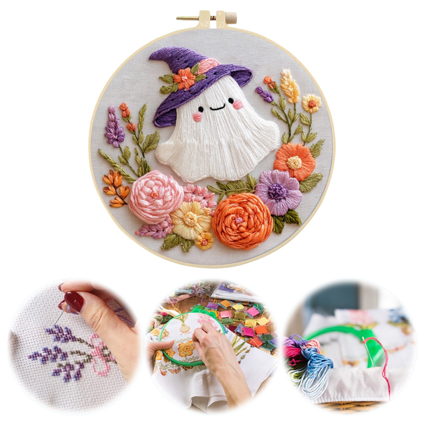 Halloween - DIY Embroidery Cross Stitch Kit with Pattern Cotton Threads Needles Hoop 24x24CM/9.45x9.45in