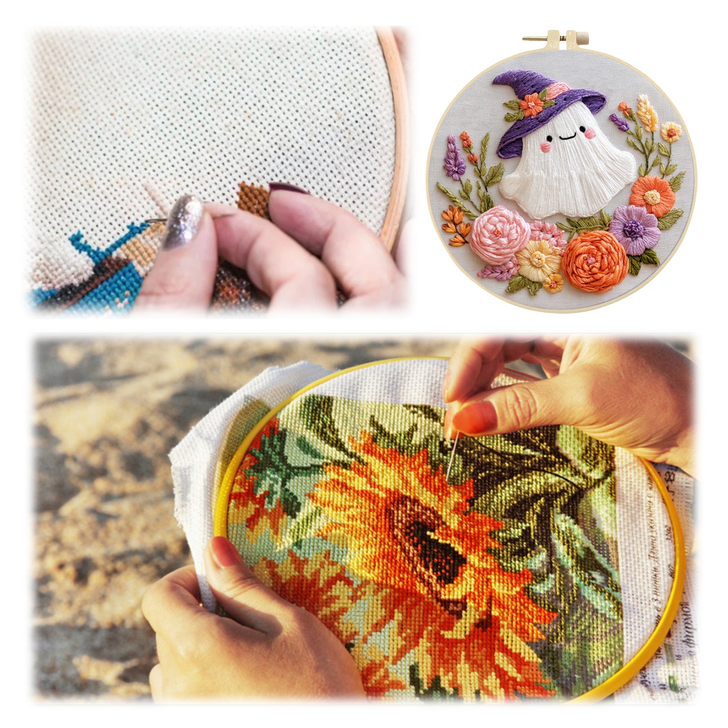 Halloween - DIY Embroidery Cross Stitch Kit with Pattern Cotton Threads Needles Hoop 24x24CM/9.45x9.45in
