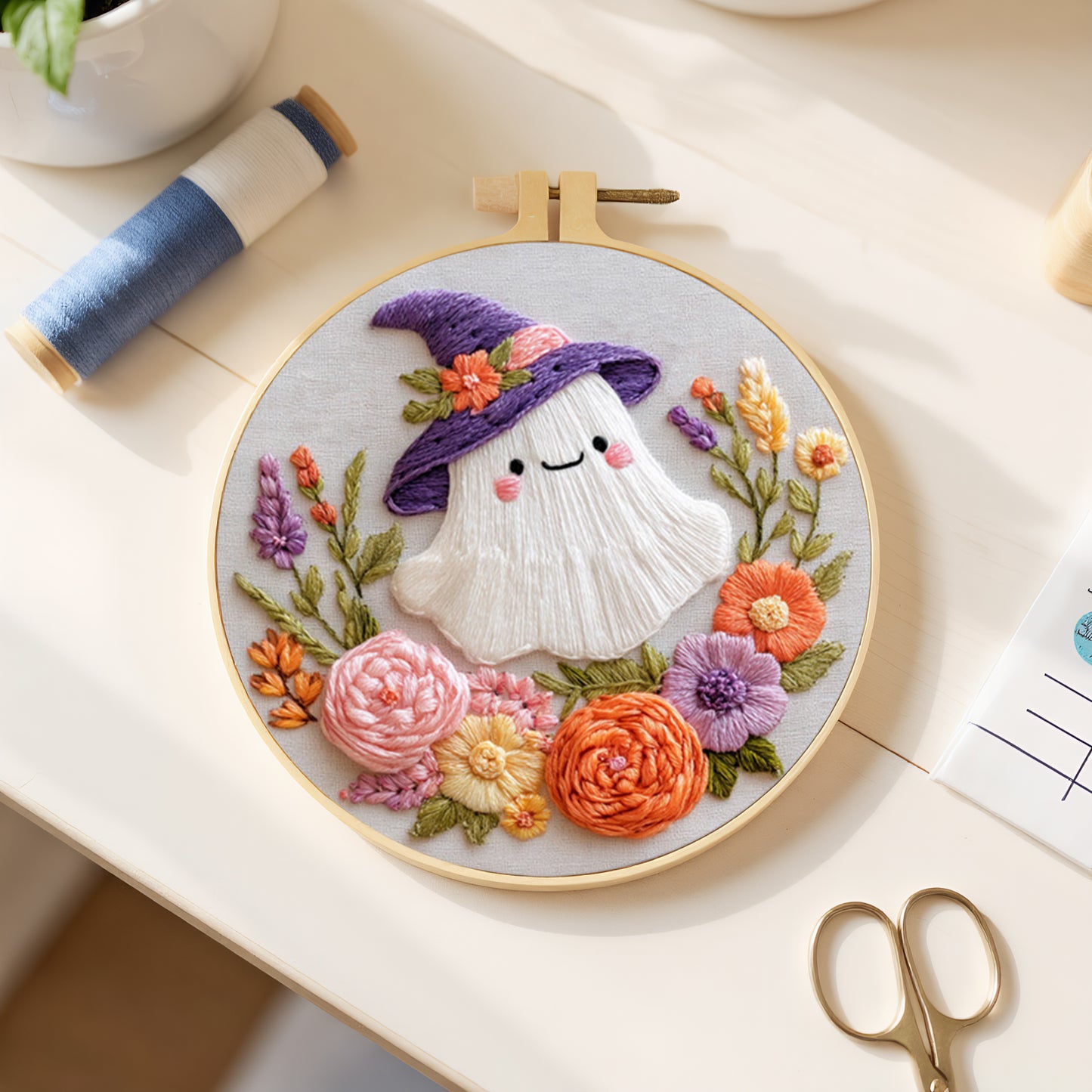 Halloween - DIY Embroidery Cross Stitch Kit with Pattern Cotton Threads Needles Hoop 24x24CM/9.45x9.45in