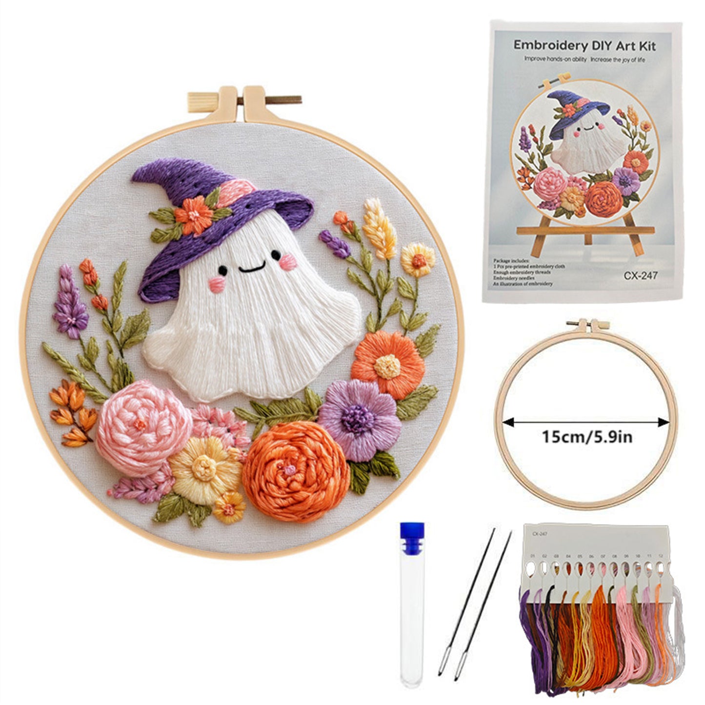 Halloween - DIY Embroidery Cross Stitch Kit with Pattern Cotton Threads Needles Hoop 24x24CM/9.45x9.45in