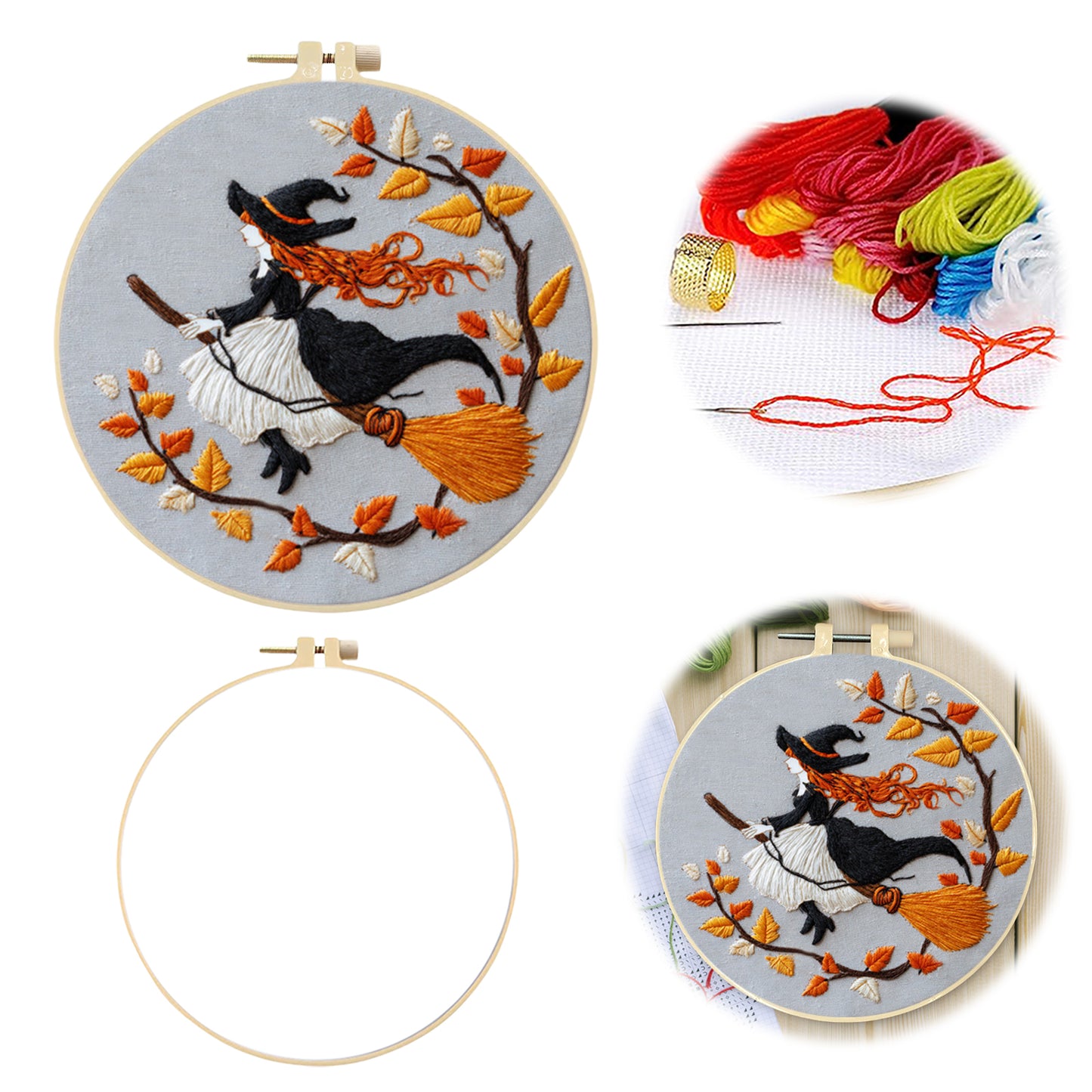 Halloween - DIY Embroidery Cross Stitch Kit with Pattern Cotton Threads Needles Hoop 24x24CM/9.45x9.45in