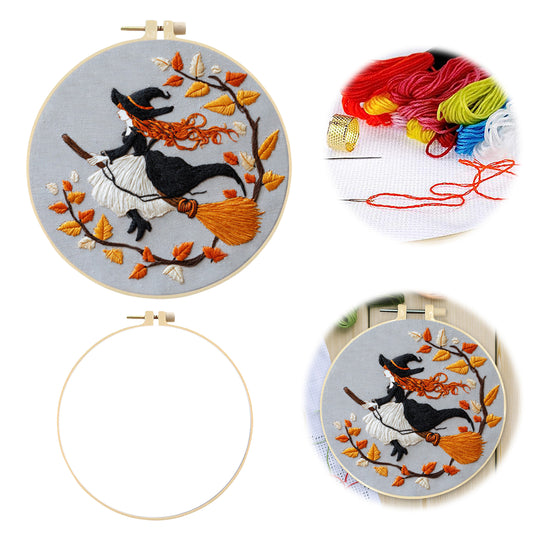 Halloween - DIY Embroidery Cross Stitch Kit with Pattern Cotton Threads Needles Hoop 24x24CM/9.45x9.45in