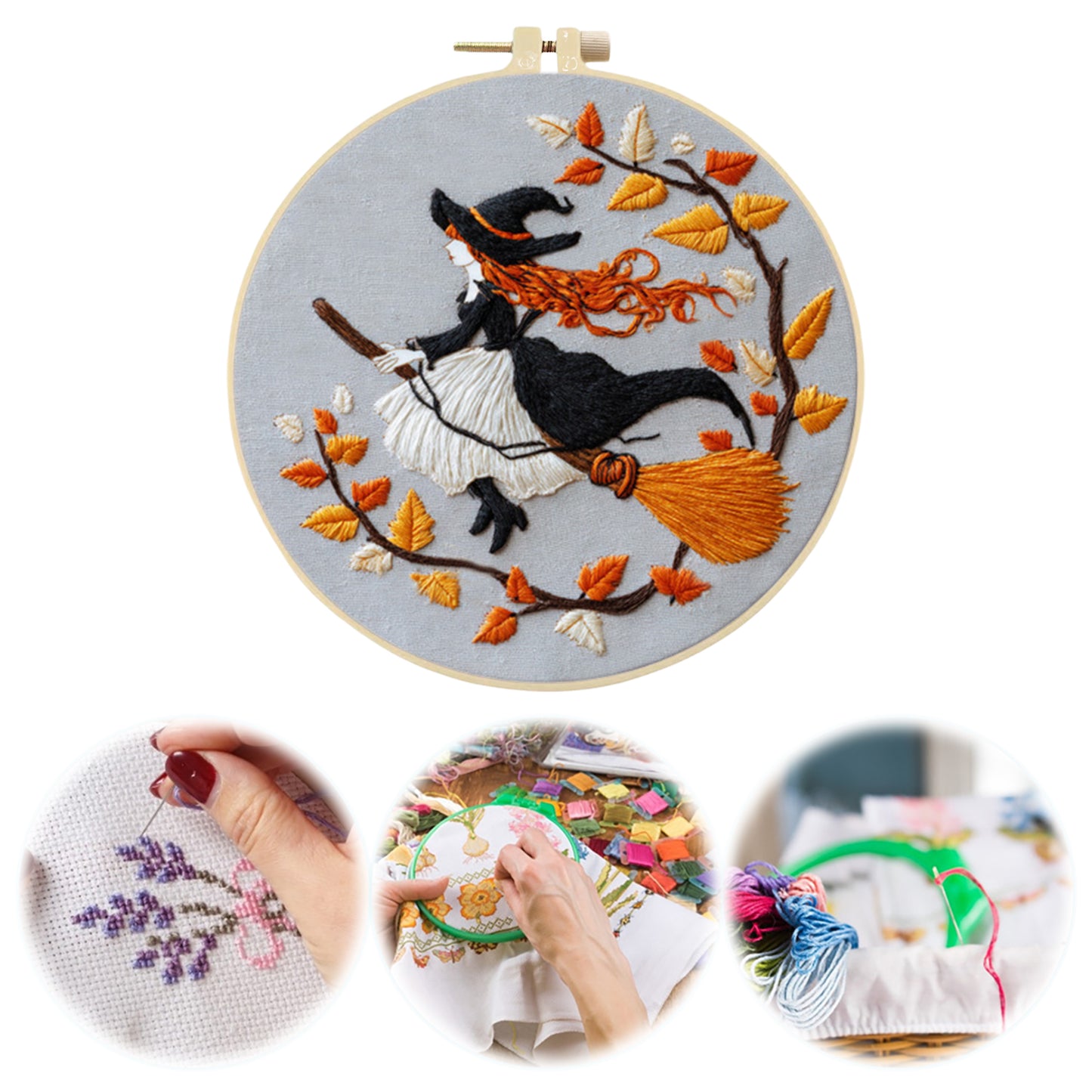 Halloween - DIY Embroidery Cross Stitch Kit with Pattern Cotton Threads Needles Hoop 24x24CM/9.45x9.45in