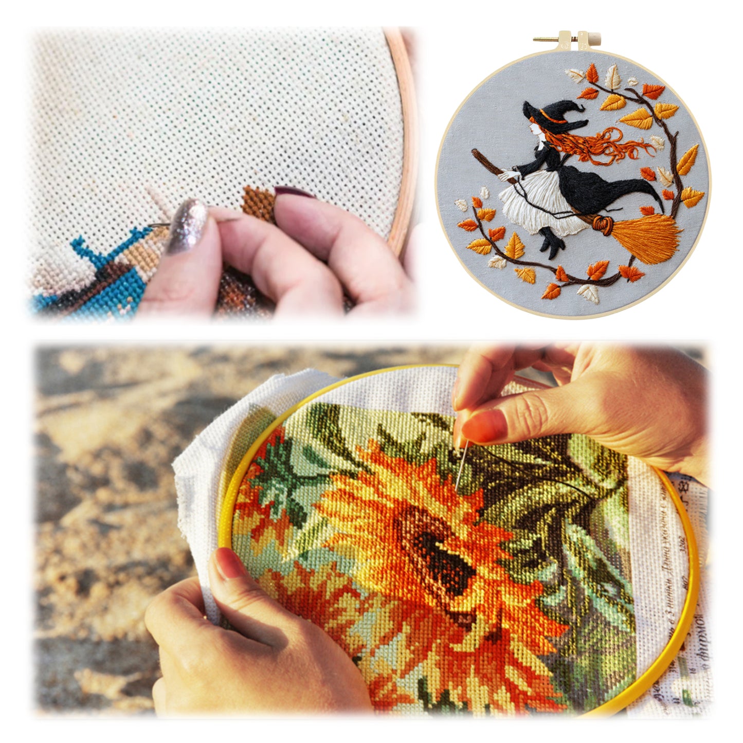 Halloween - DIY Embroidery Cross Stitch Kit with Pattern Cotton Threads Needles Hoop 24x24CM/9.45x9.45in