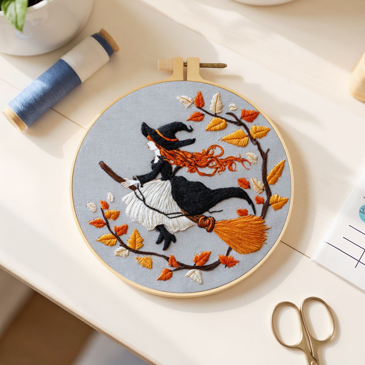 Halloween - DIY Embroidery Cross Stitch Kit with Pattern Cotton Threads Needles Hoop 24x24CM/9.45x9.45in