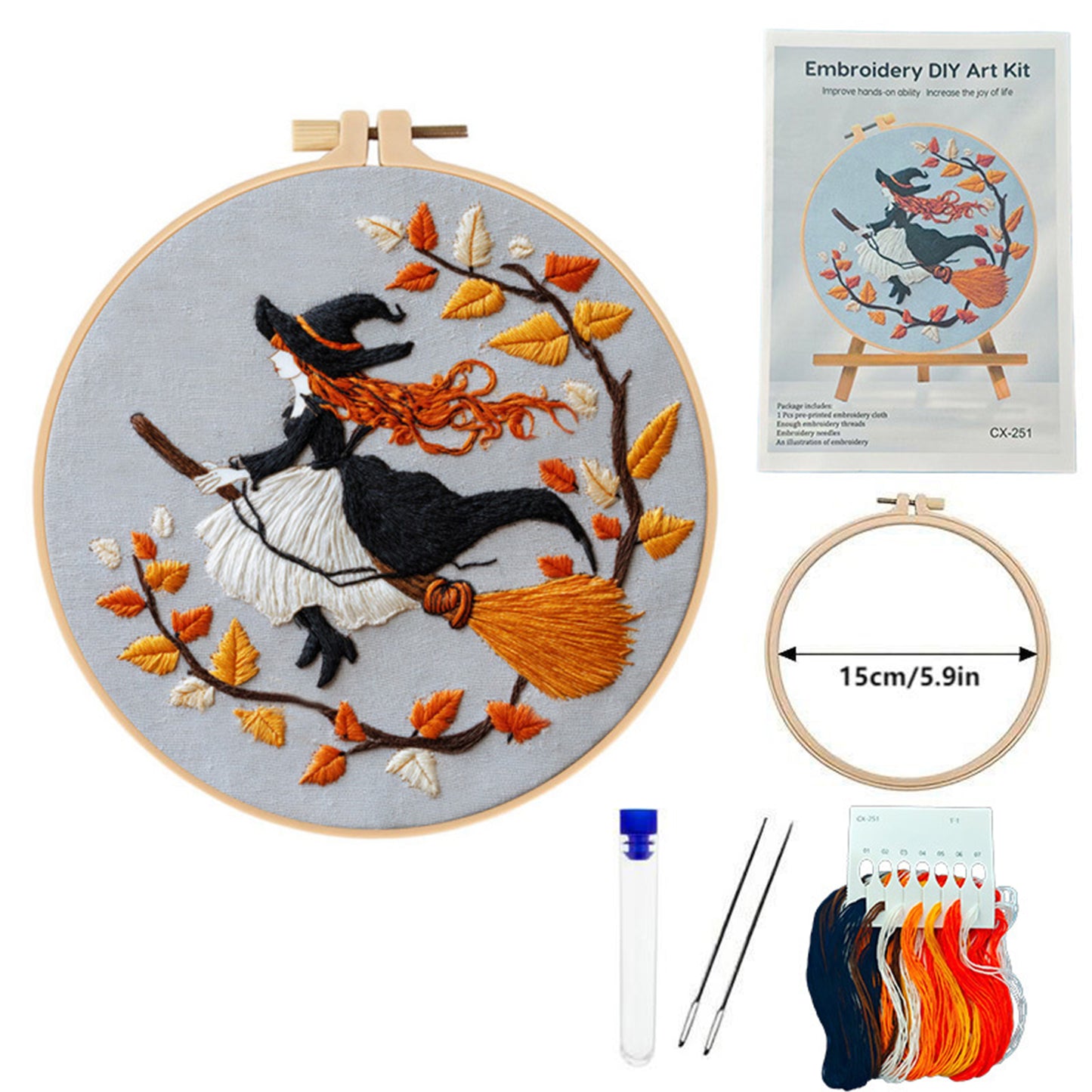 Halloween - DIY Embroidery Cross Stitch Kit with Pattern Cotton Threads Needles Hoop 24x24CM/9.45x9.45in
