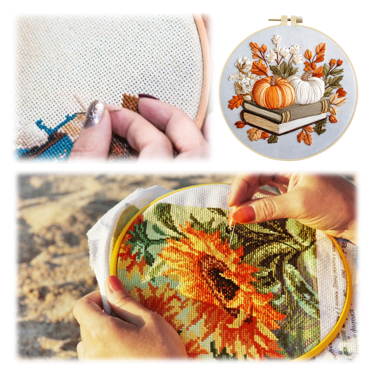 Halloween - DIY Embroidery Cross Stitch Kit with Pattern Cotton Threads Needles Hoop 24x24CM/9.45x9.45in