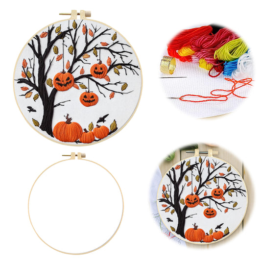 Halloween - DIY Embroidery Cross Stitch Kit with Pattern Cotton Threads Needles Hoop 24x24CM/9.45x9.45in