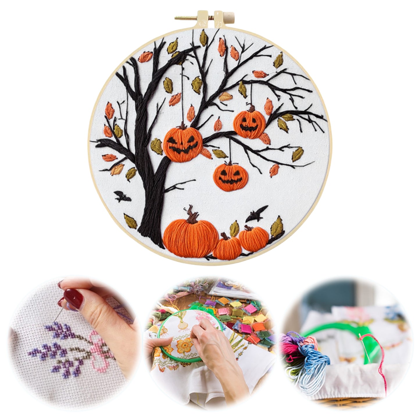Halloween - DIY Embroidery Cross Stitch Kit with Pattern Cotton Threads Needles Hoop 24x24CM/9.45x9.45in