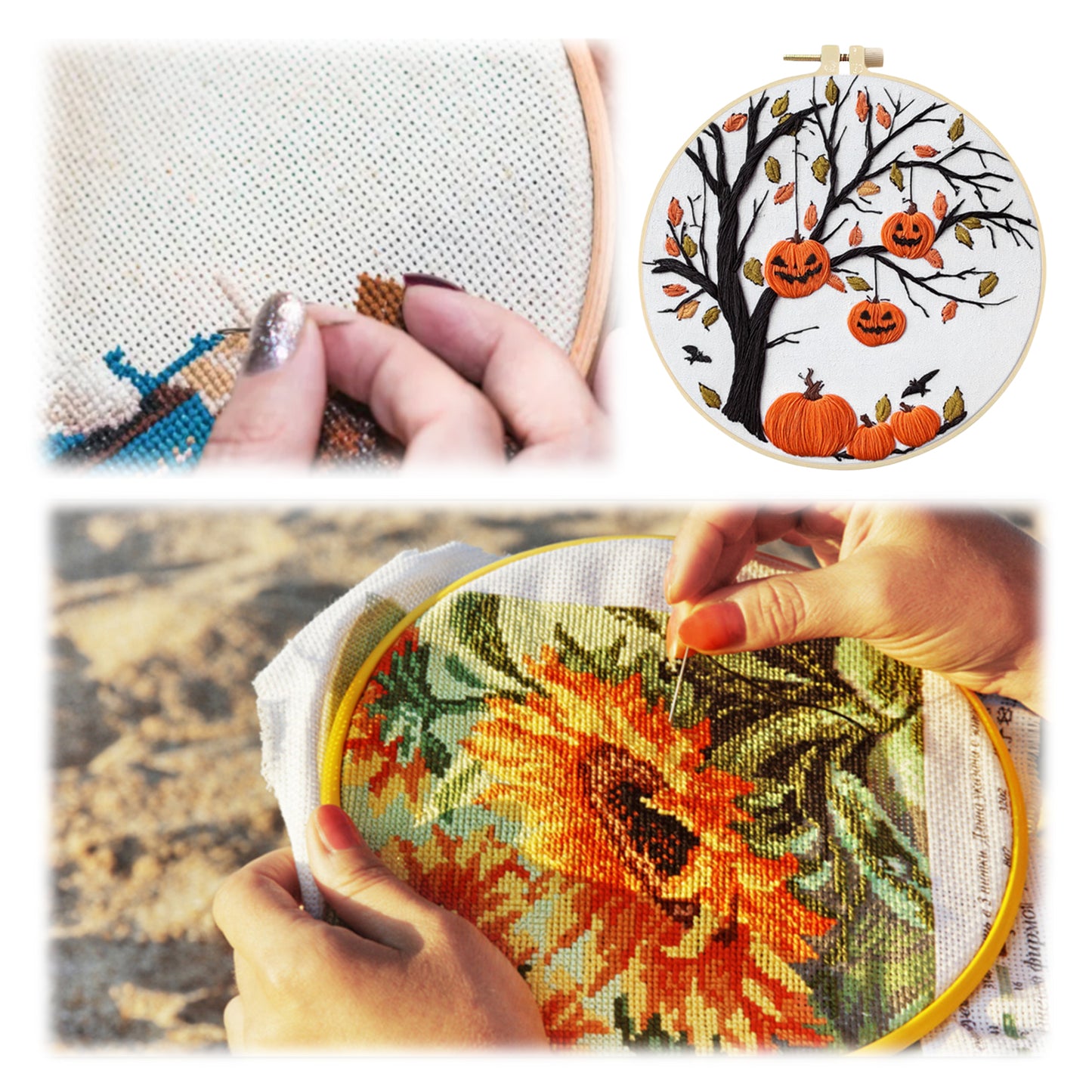 Halloween - DIY Embroidery Cross Stitch Kit with Pattern Cotton Threads Needles Hoop 24x24CM/9.45x9.45in
