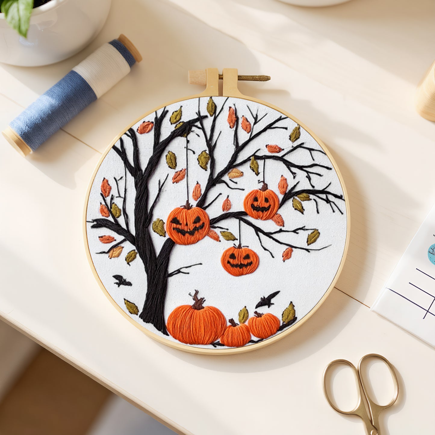 Halloween - DIY Embroidery Cross Stitch Kit with Pattern Cotton Threads Needles Hoop 24x24CM/9.45x9.45in