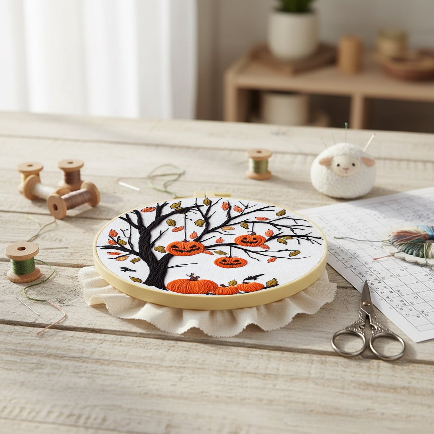 Halloween - DIY Embroidery Cross Stitch Kit with Pattern Cotton Threads Needles Hoop 24x24CM/9.45x9.45in