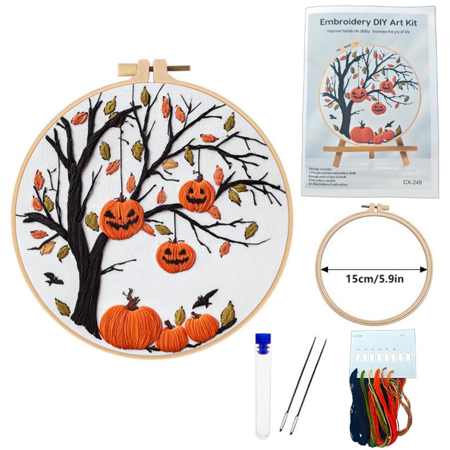 Halloween - DIY Embroidery Cross Stitch Kit with Pattern Cotton Threads Needles Hoop 24x24CM/9.45x9.45in