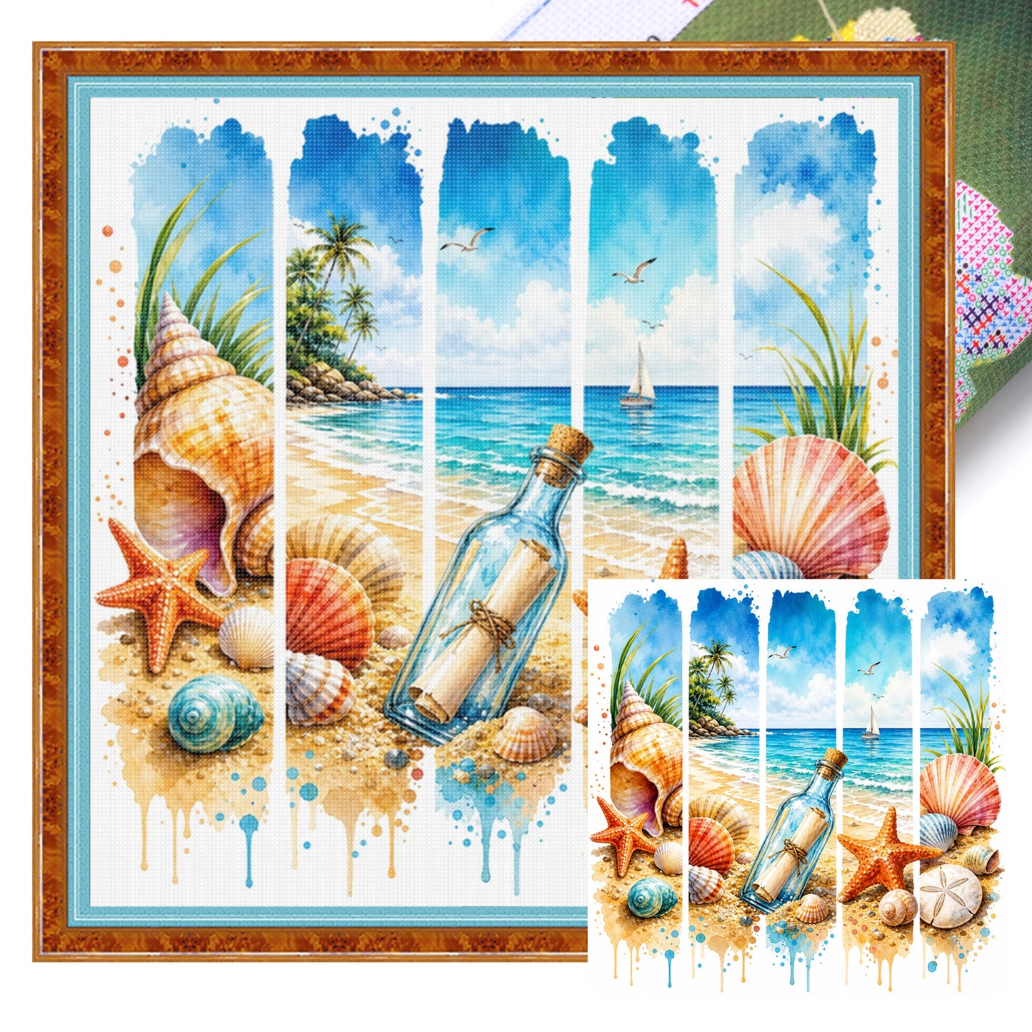 Summer Beach Message In Bottle - Full 11CT Stamped Cross Stitch 45x45CM - Huacan