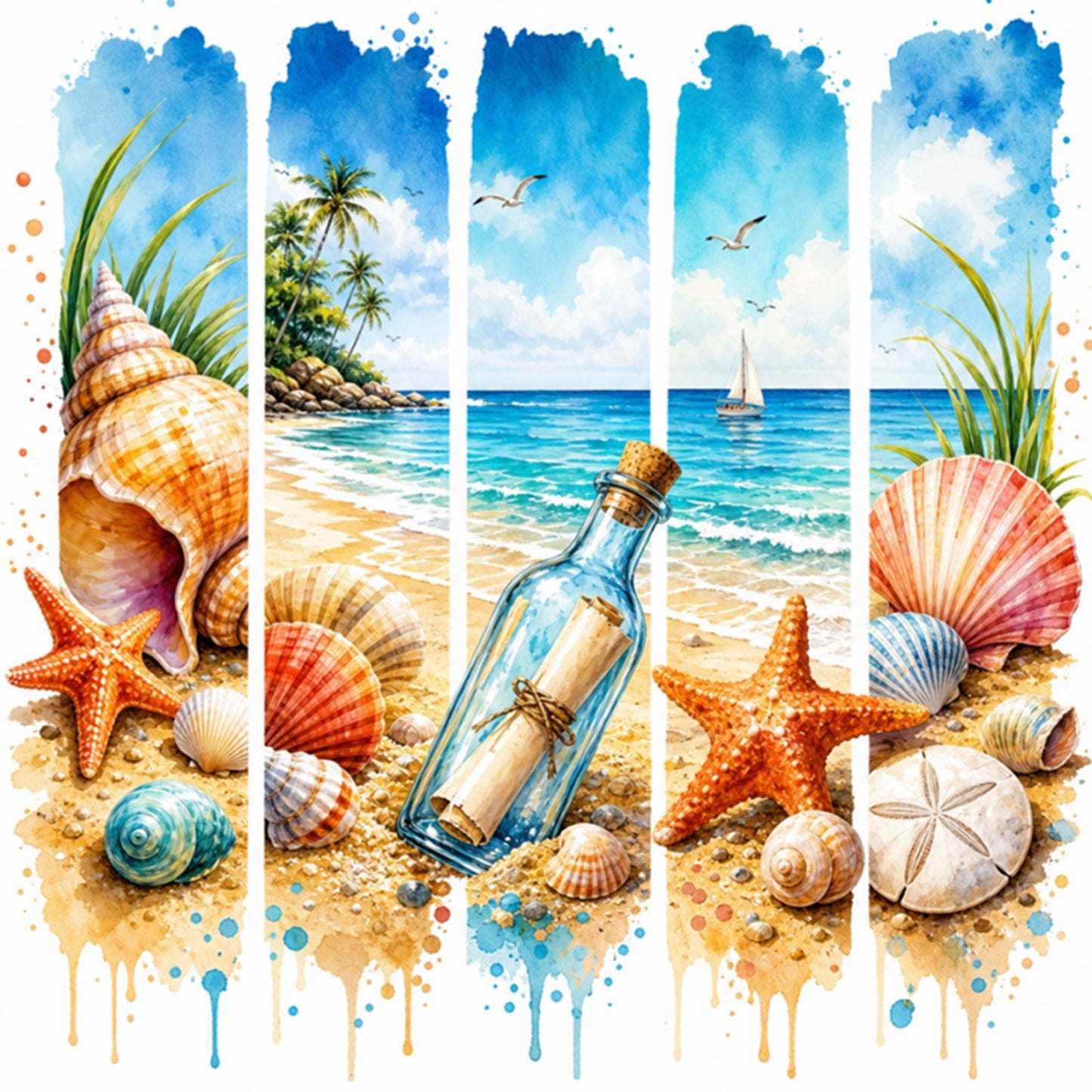 Summer Beach Message In Bottle - Full 11CT Stamped Cross Stitch 45x45CM - Huacan