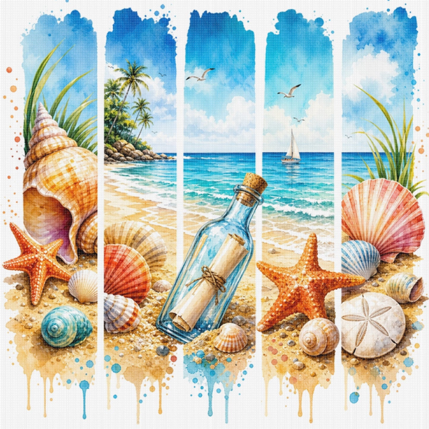Summer Beach Message In Bottle - Full 11CT Stamped Cross Stitch 45x45CM - Huacan