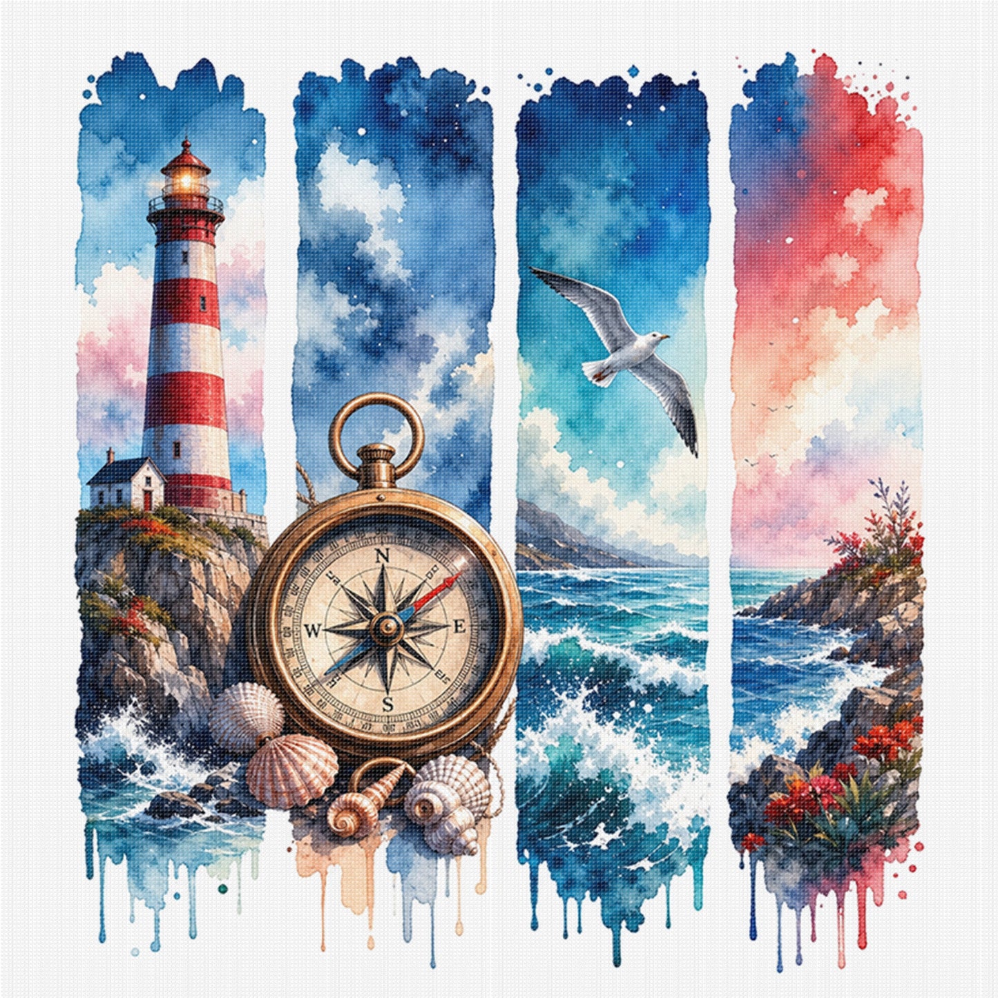 Summer Beach Lighthouse - Full 11CT Stamped Cross Stitch 45x45CM - Huacan