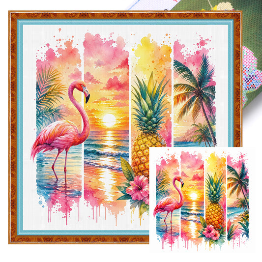 Summer Beach Flamingo - Full 11CT Stamped Cross Stitch 45x45CM - Huacan
