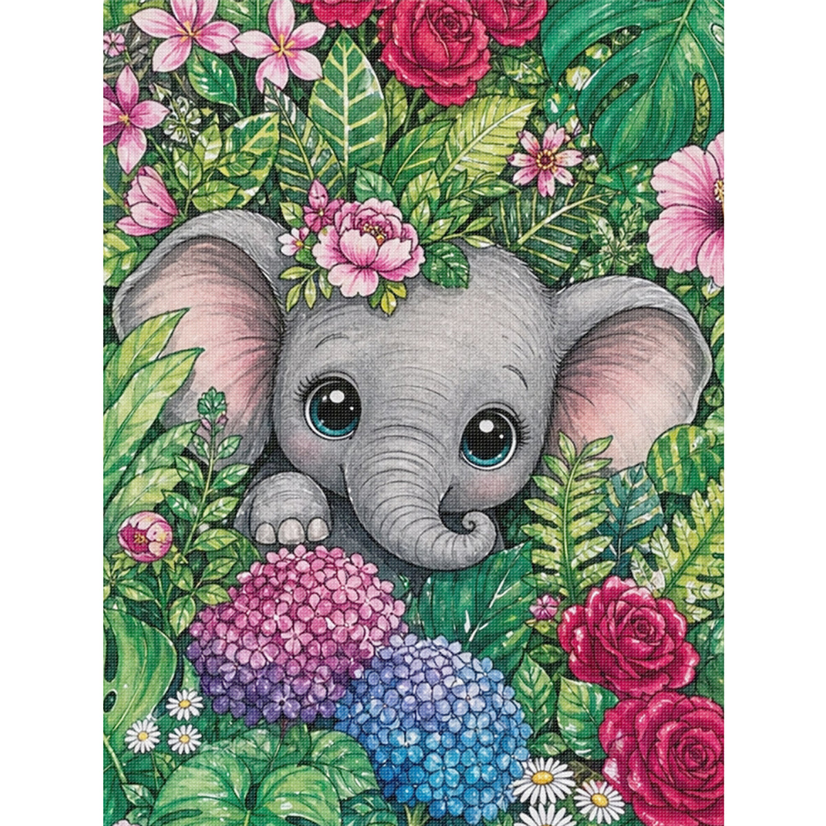Tropischer Dschungel-Elefant – Vollständiges 14CT gestempeltes Kreuzstich-Set 30x40CM – Huacan