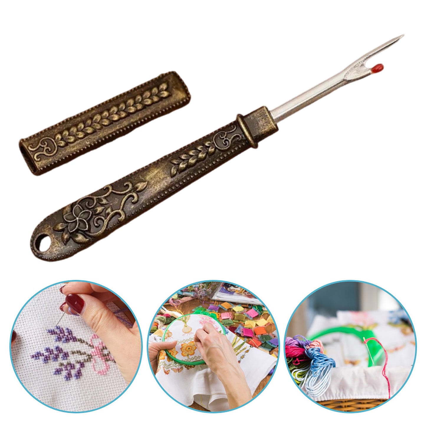 Thread Cutter Stitch Ripper Multi-Purpose Embroidery Removal Tool with Cover Metal Thread Ripper Unpicker for Handmade Needle Sewing Craft Supplies (Bronze)