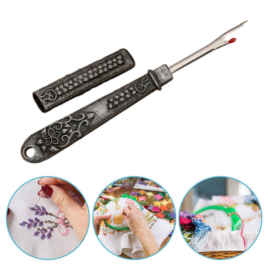 Thread Cutter Stitch Ripper Multi-Purpose Embroidery Removal Tool with Cover Metal Thread Ripper Unpicker for Handmade Needle Sewing Craft Supplies (Antique Silver)