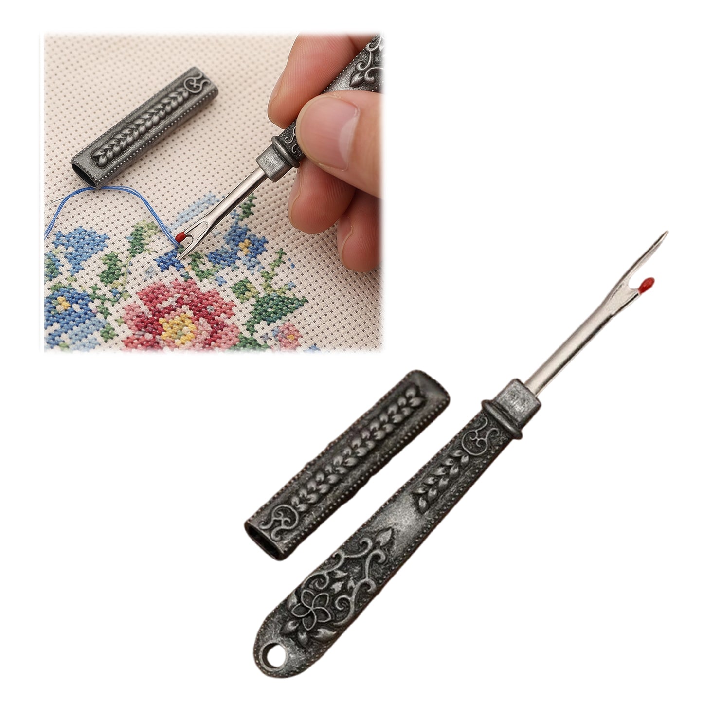Thread Cutter Stitch Ripper Multi-Purpose Embroidery Removal Tool with Cover Metal Thread Ripper Unpicker for Handmade Needle Sewing Craft Supplies (Antique Silver)