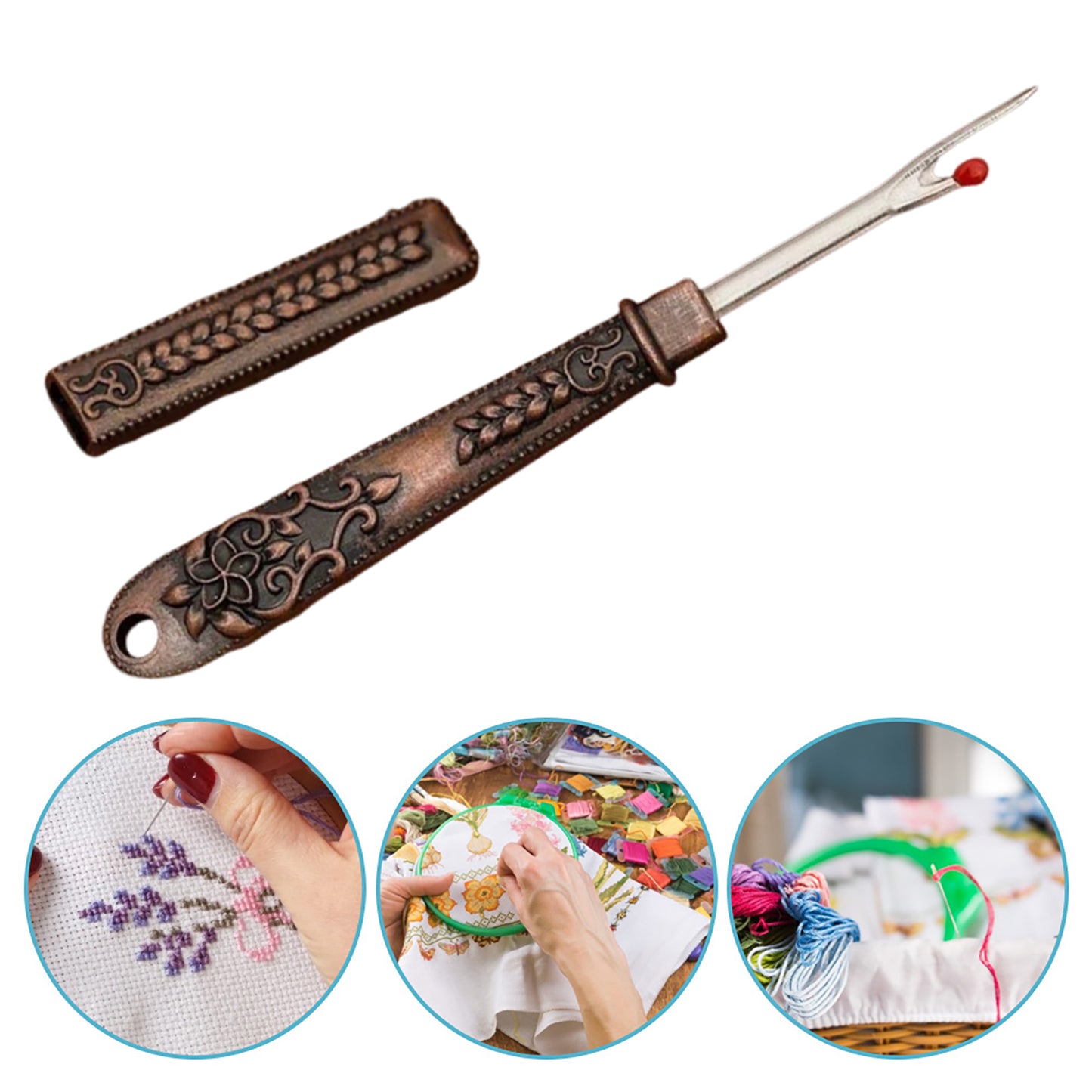 Thread Cutter Stitch Ripper Multi-Purpose Embroidery Removal Tool with Cover Metal Thread Ripper Unpicker for Handmade Needle Sewing Craft Supplies (Red Copper)