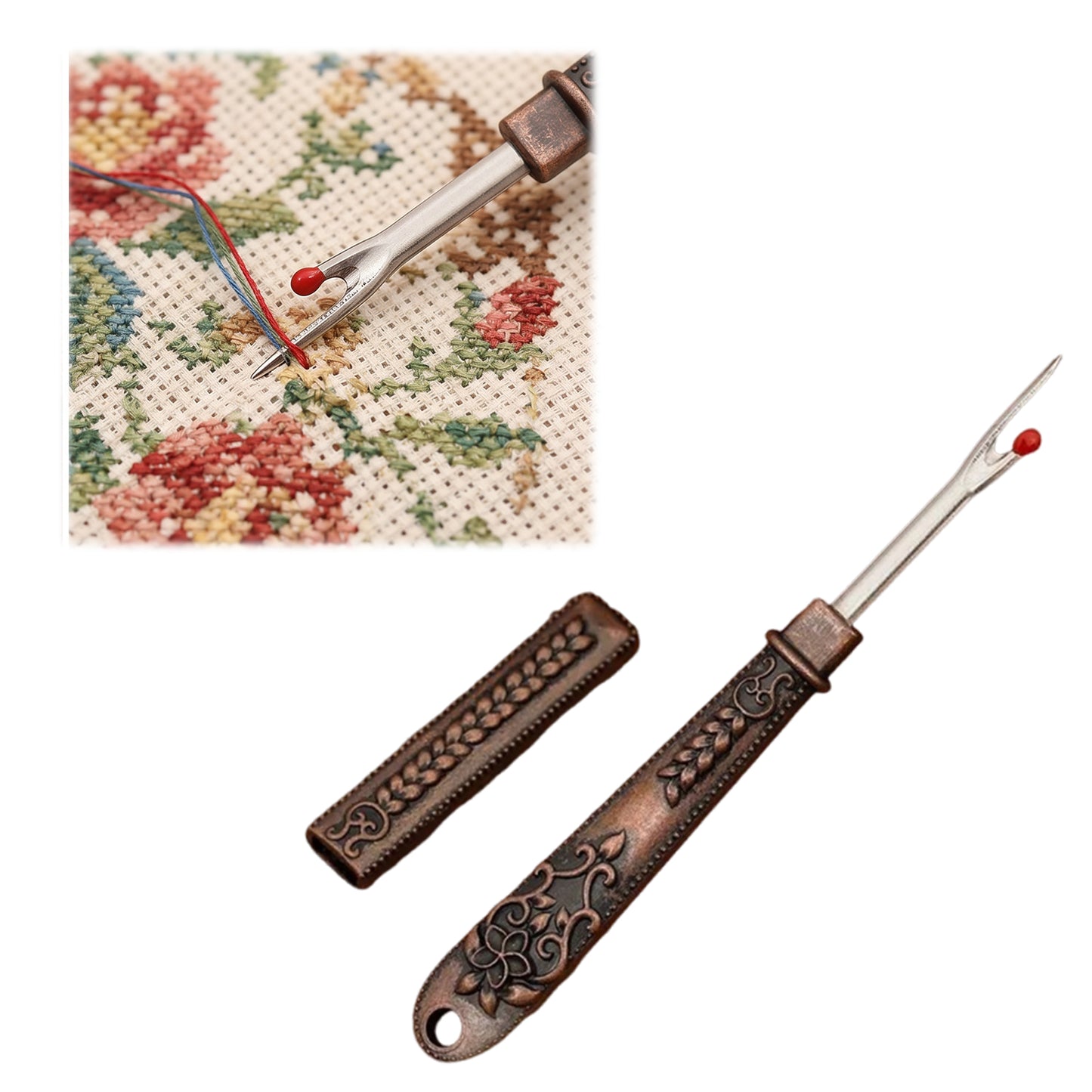Thread Cutter Stitch Ripper Multi-Purpose Embroidery Removal Tool with Cover Metal Thread Ripper Unpicker for Handmade Needle Sewing Craft Supplies (Red Copper)