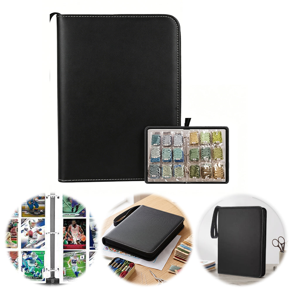 Embroidery Floss Organizer 50 Clear 9-Pocket Pages Waterproof Zip Trading Card Binder Holds 200+ Thread for Embroidery & Craft Supplies (Black)