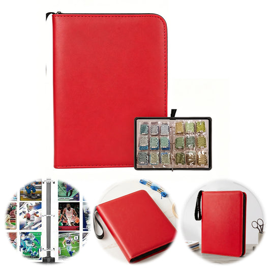 Embroidery Floss Organizer 50 Clear 9-Pocket Pages Waterproof Zip Trading Card Binder Holds 200+ Thread for Embroidery & Craft Supplies (Red)