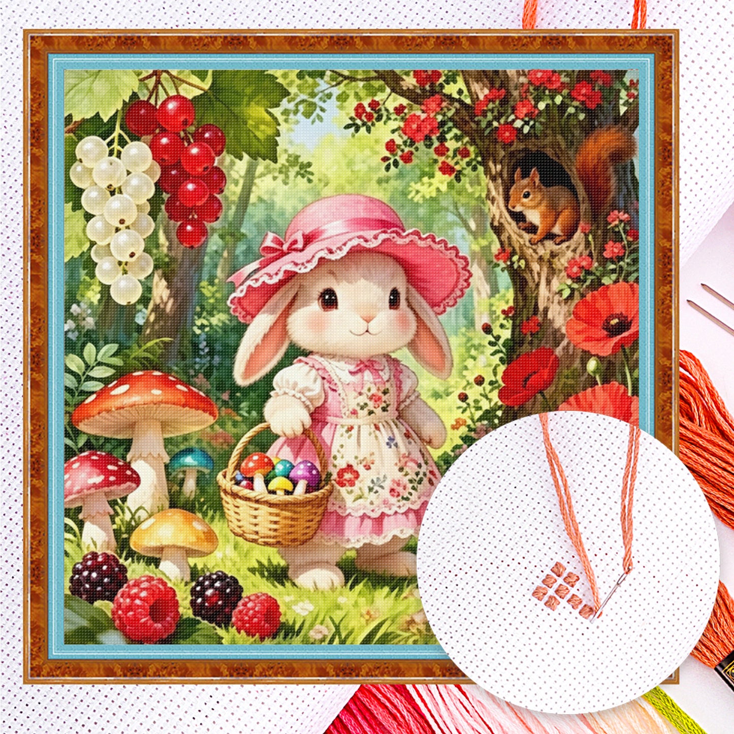 Rabbit And Poppy - Full 14CT Counted Cross Stitch 40x40CM - Yishu