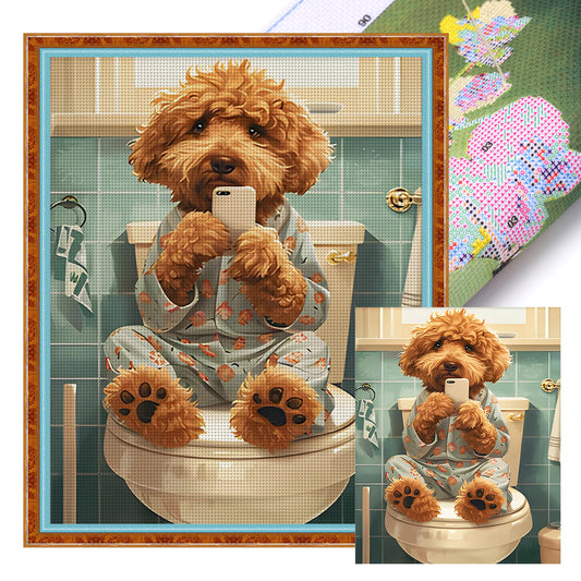 Teddy Bear In Restroom-Dog - Full 11CT Stamped Cross Stitch 40x50CM - Huacan