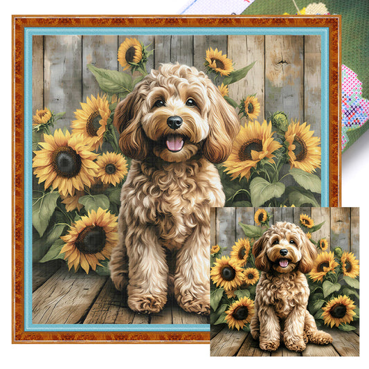 Sunflower Teddy Bear-Dog - Full 11CT Stamped Cross Stitch 40x40CM - Huacan