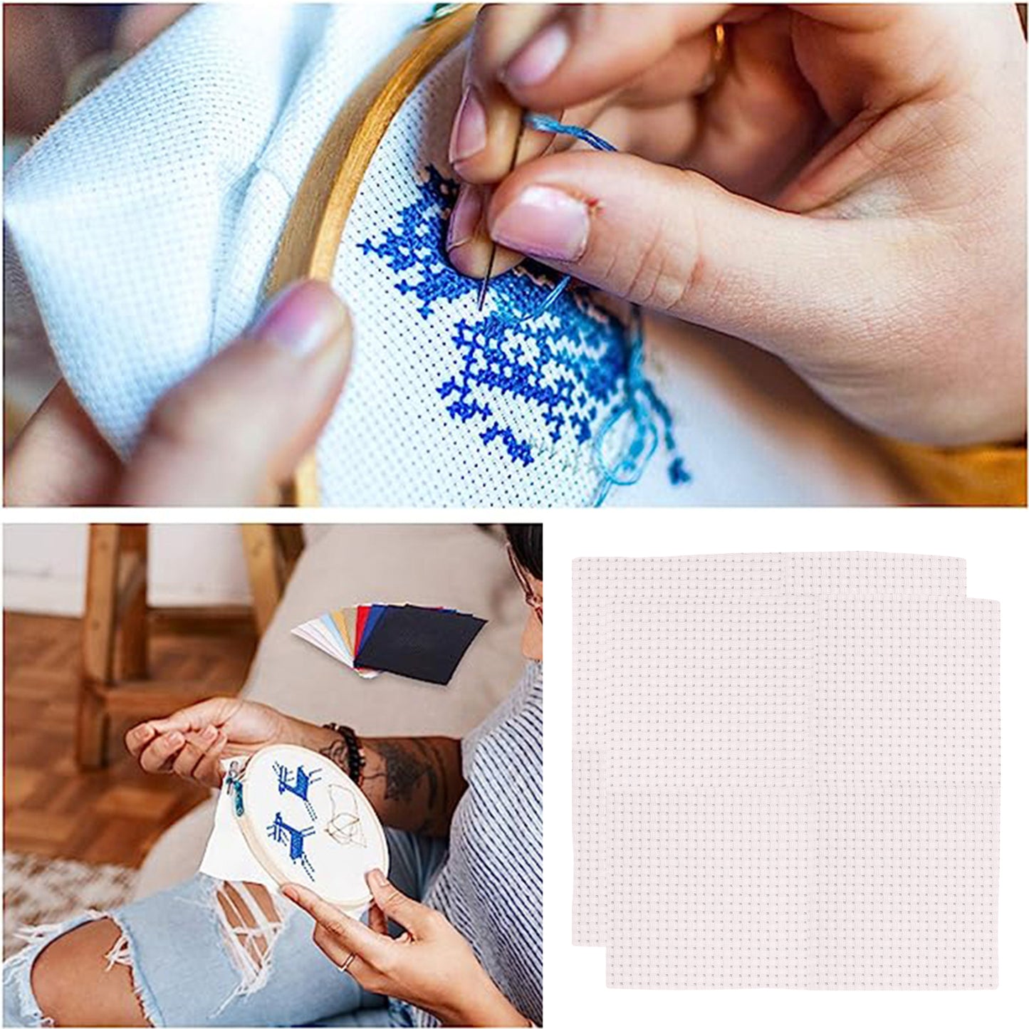 2PCS 11CT Cross Stitch Fabric 11.81x11.81 Inch Needlework Embroidery Fabric Embroidery Fabric Cloth for Garment Craft Needle-Embroidery DIY Decoration (White)