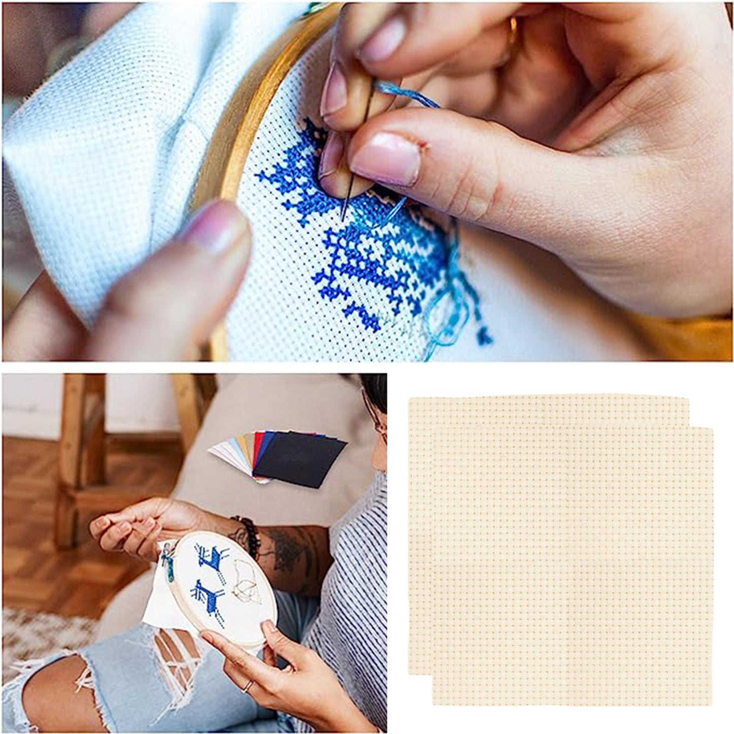 2PCS 11CT Cross Stitch Fabric 11.81x11.81 Inch Needlework Embroidery Fabric Embroidery Fabric Cloth for Garment Craft Needle-Embroidery DIY Decoration (Cream)